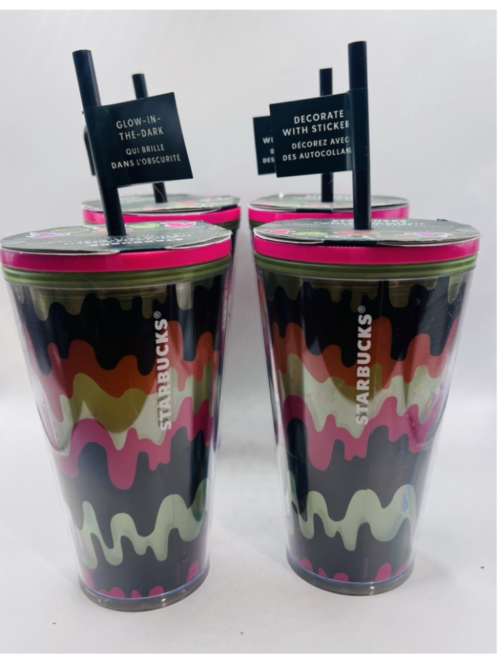 Set of 4 NWT Starbucks 2023 Halloween Tumbler Cup 16oz Glow In Dark Drippy Wave